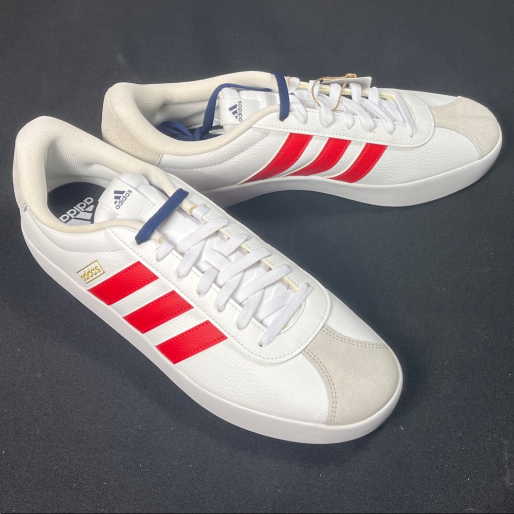 Adidas VL Court 3.0 White Sneakers with Red Stripes.